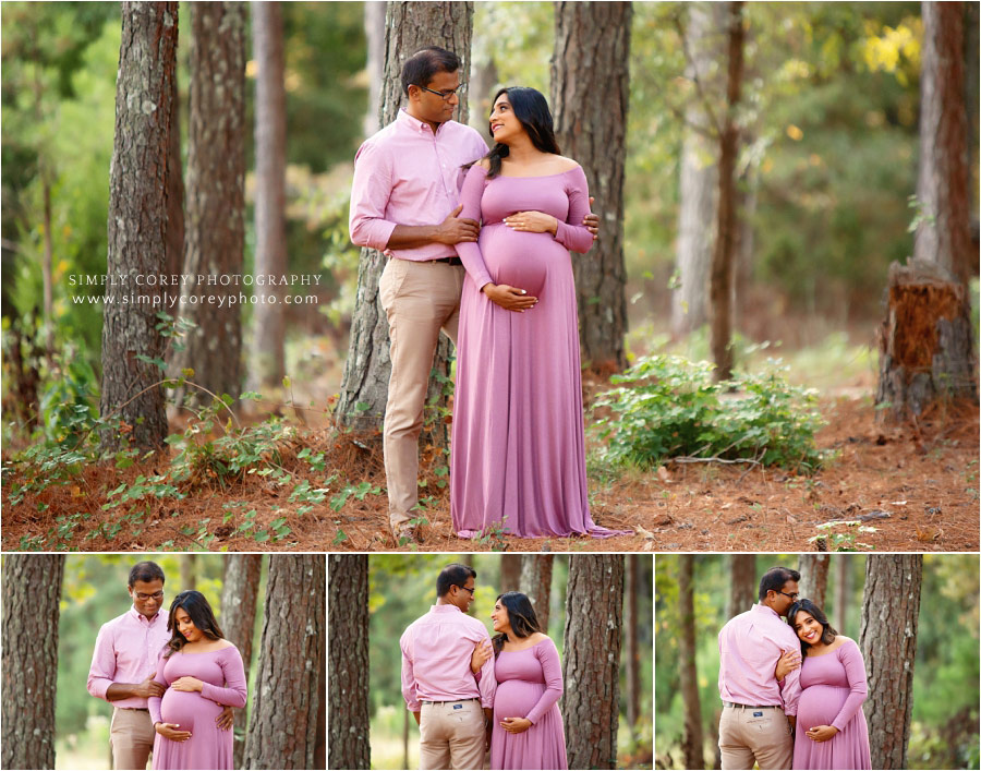 Atlanta maternity photographer, couple in pink outside by trees
