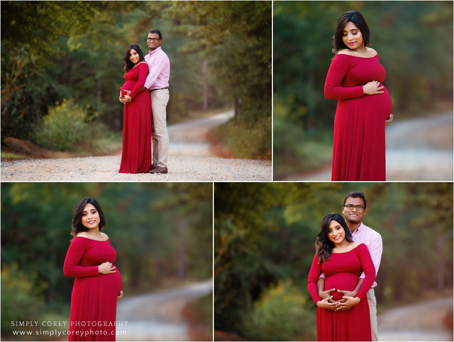 maternity photographer near Douglasville, couple in red outside on country road