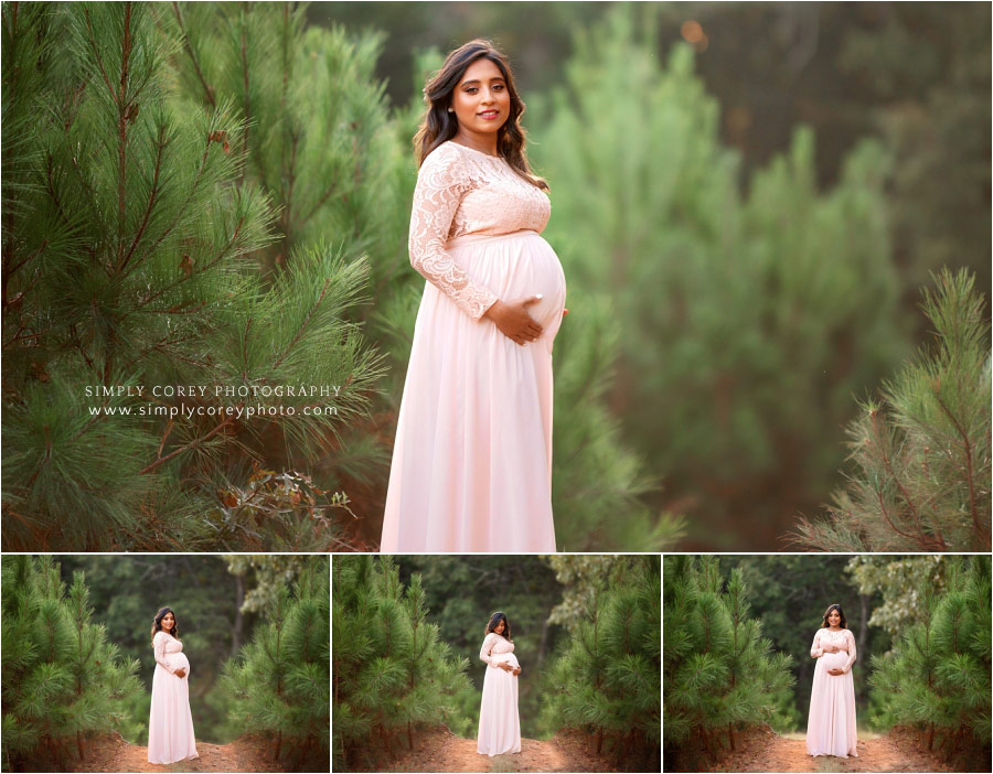 Newnan maternity photography, expecting mom in pink by pine trees
