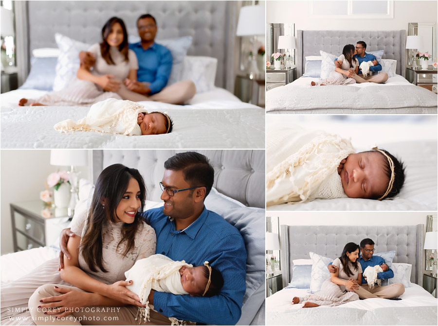 Atlanta family photographer, in home newborn session on bed