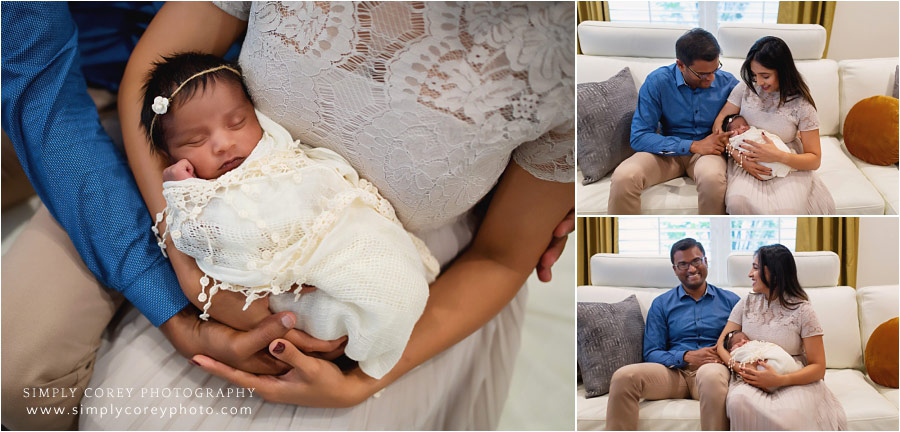 Douglasville family photographer, in home newborn session on couch