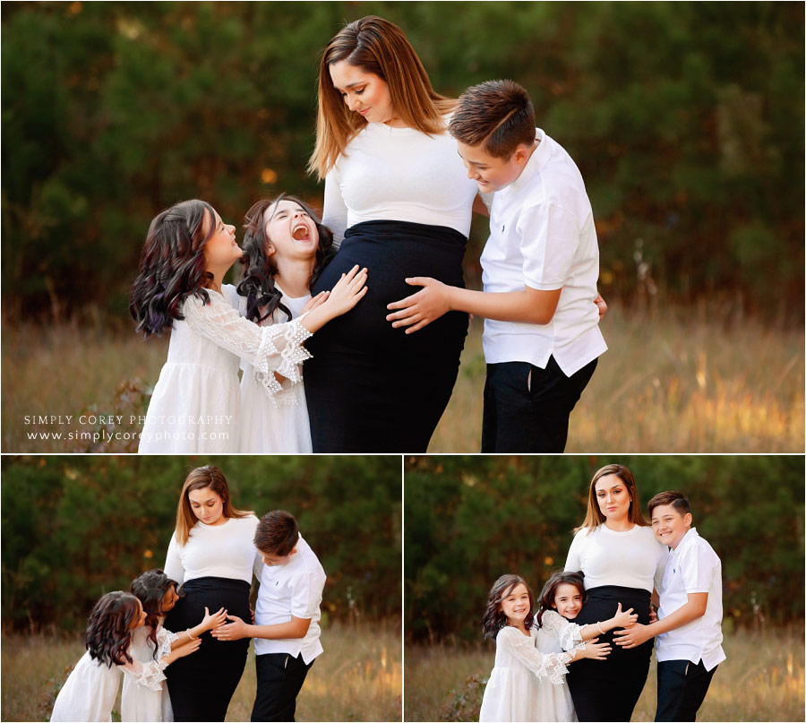 Douglasville maternity photographer, expecting mom outside with three kids