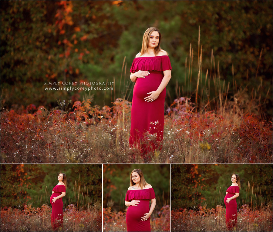 maternity photographer near Carrollton, Georgia; red dress in red fall leaves
