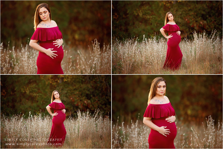 Newnan maternity photographer, red dress outside in a field in fall