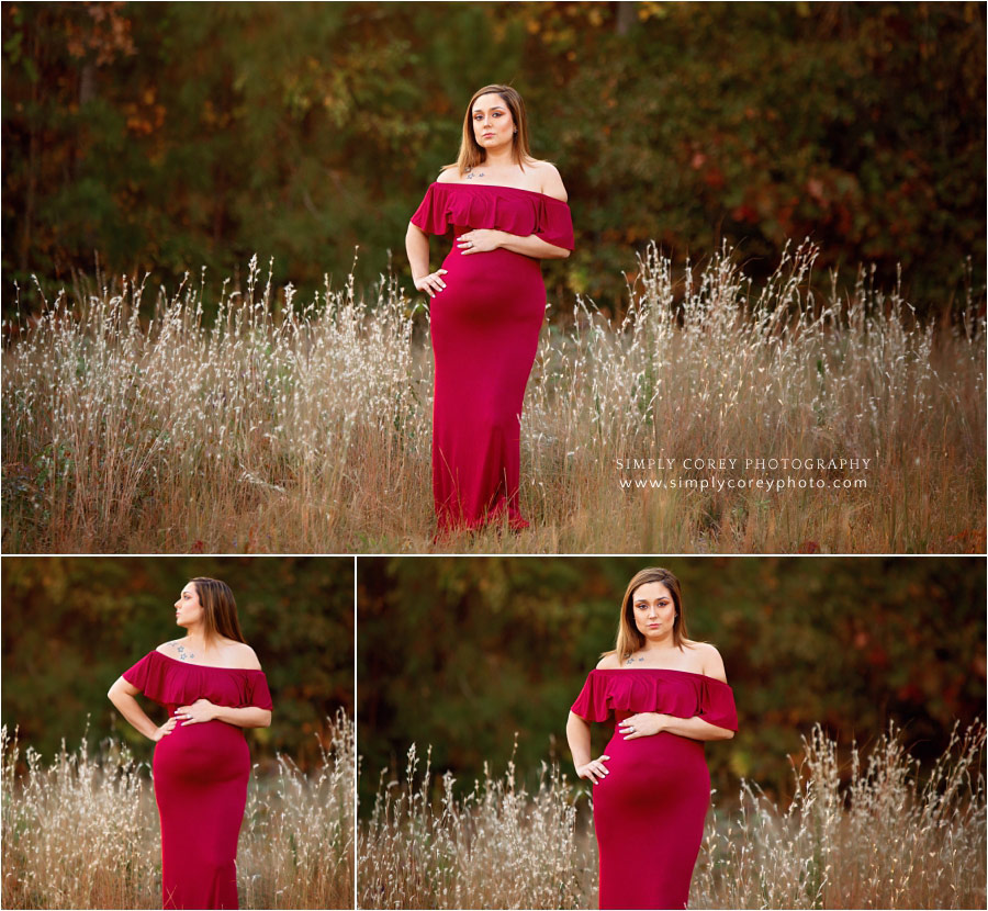 Villa Rica maternity photographer, pregnant mom in red dress outside in fall