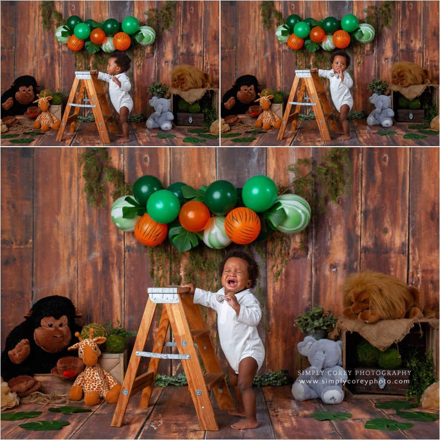 Douglasville baby photographer, one year old crying during studio session