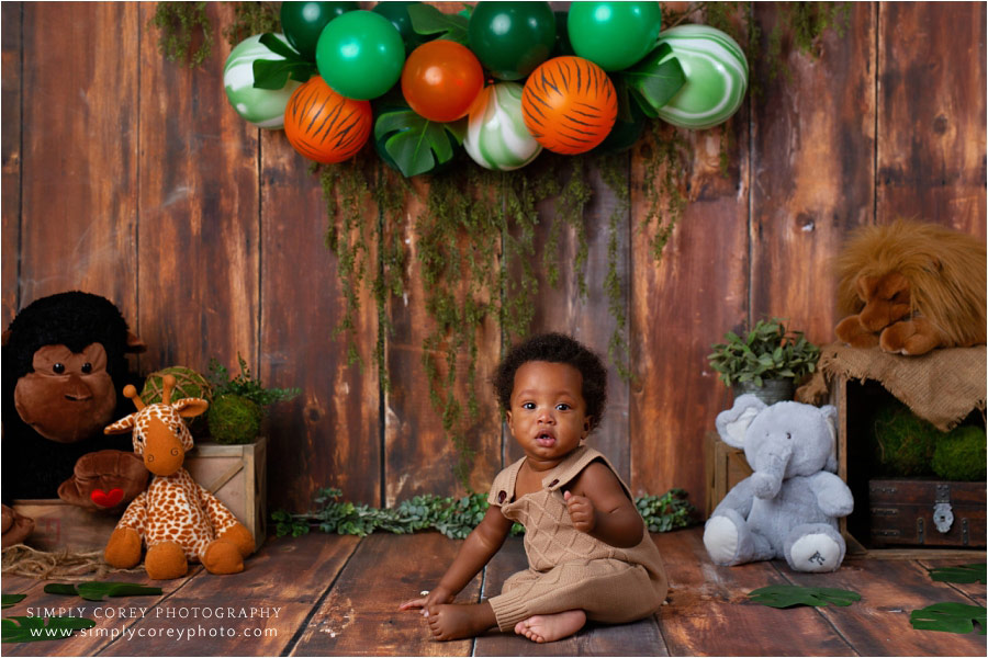 Villa Rica baby photographer, jungle safari one year studio session