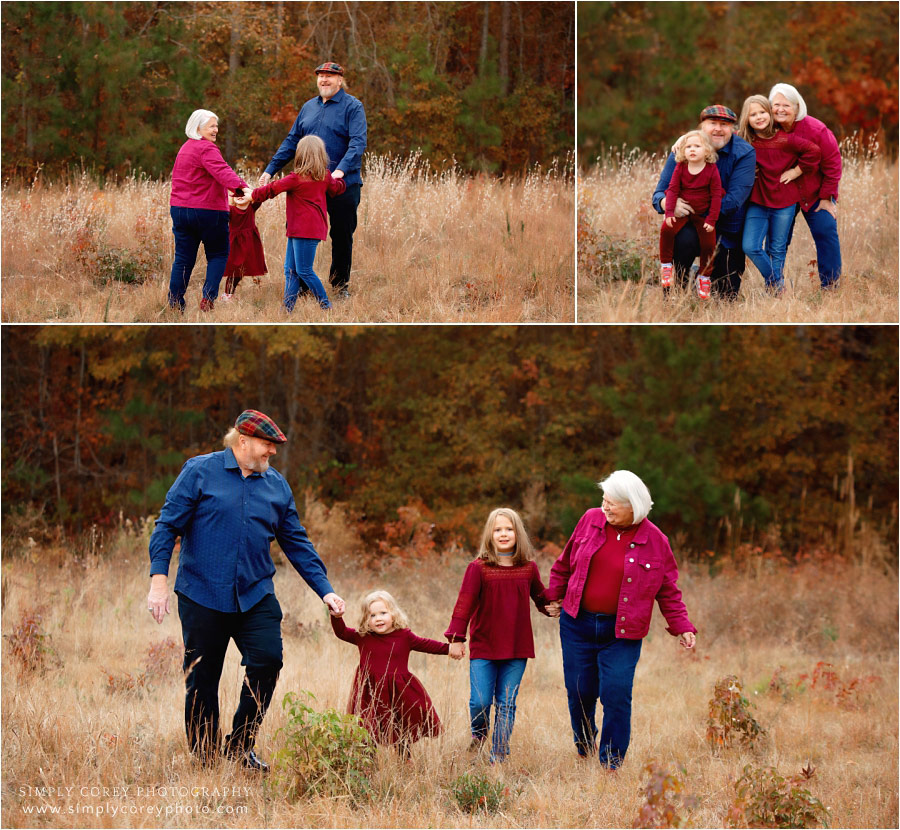Villa Rica family photographer, kids playing with grandparents outside in field