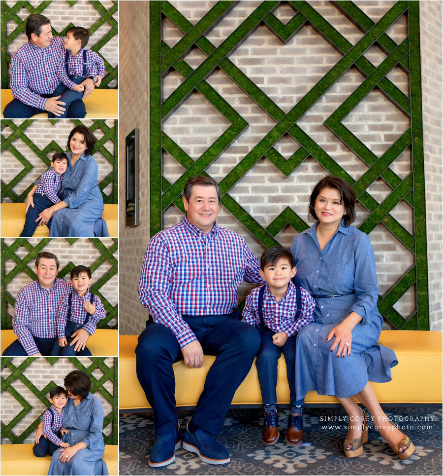 Bremen family photographer, portraits by moss wall at Hotel at Avalon