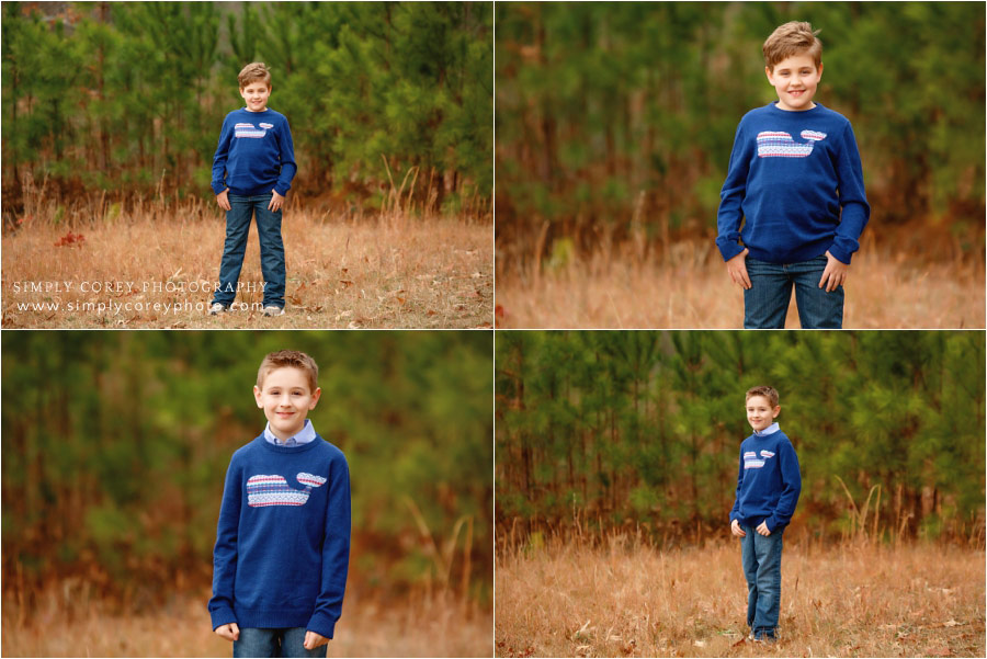 Carrollton family photographer, kids outside by pine trees in fall