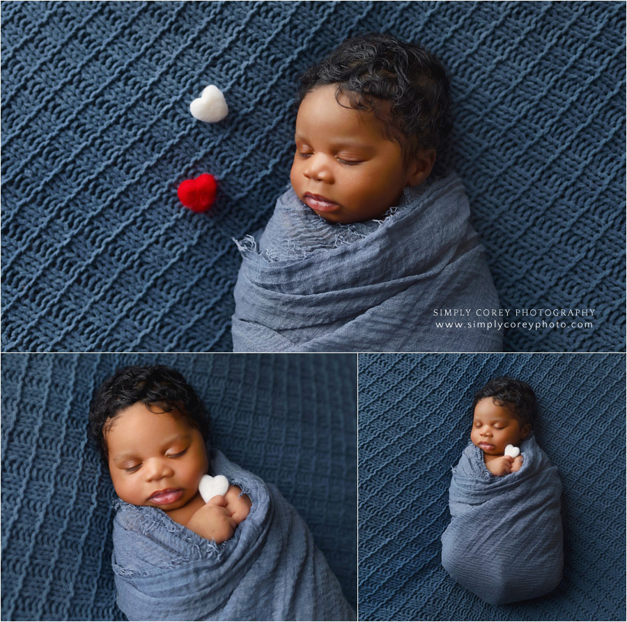 Atlanta newborn photographer, baby boy in blue with felt hearts