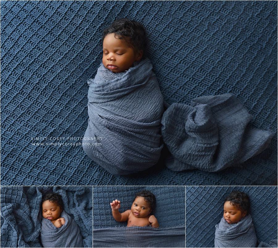 Douglasville newborn photographer, baby boy with blue blanket