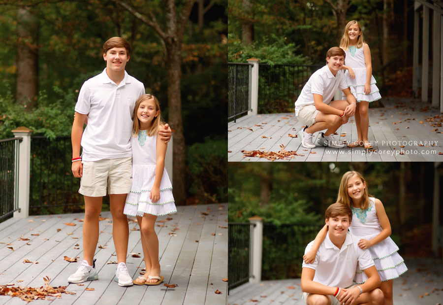 Bremen family photographer, teen and tween siblings on a deck