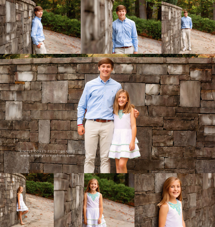 Carrollton family photographer, teen and tween siblings outside by stone wall