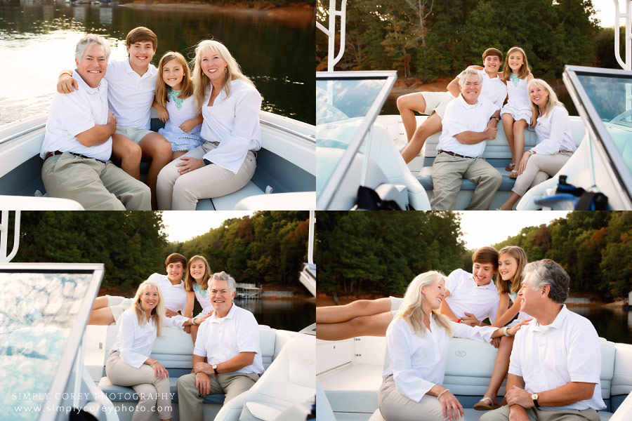 Douglasville family photographer, family of four on boat at Lake Lanier