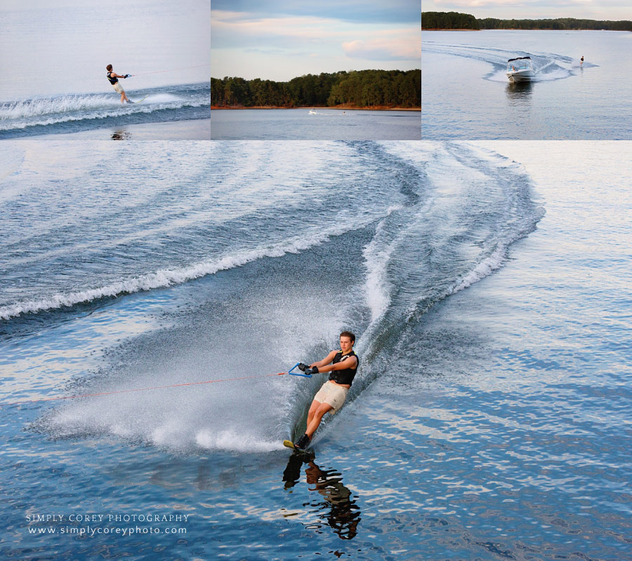 Douglasville lifestyle photographer, teen boy wakeboarding on Lake Lanier