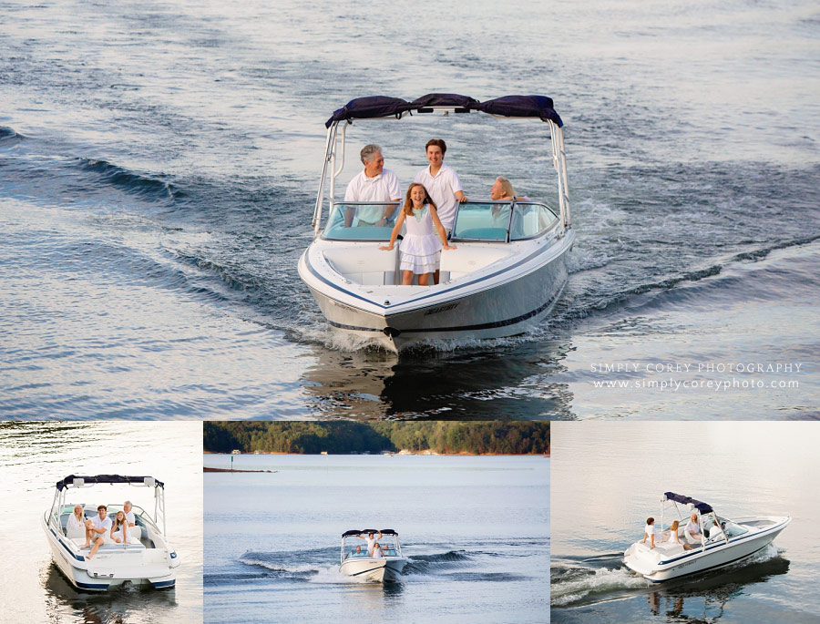 Newnan lifestyle photographer, family riding on a boat on Lake Lanier