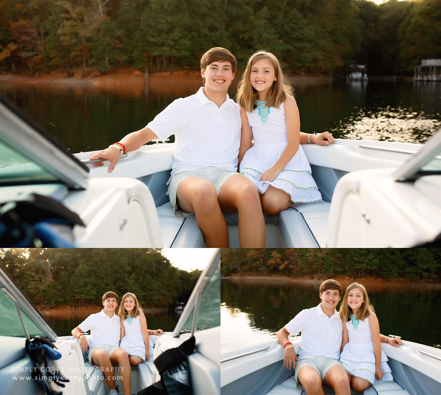 Villa Rica lifestyle photographer, teen and tween siblings on boat at Lake Lanier
