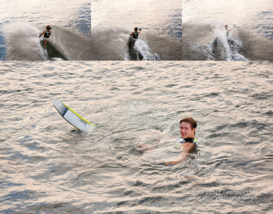 Villa Rica lifestyle photographer, teen boy wakeboarding in Lake Lanier