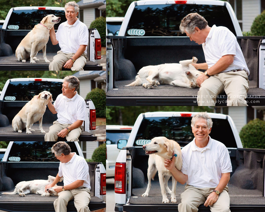 West Georgia photographer, dad with dog in bed of truck after family session