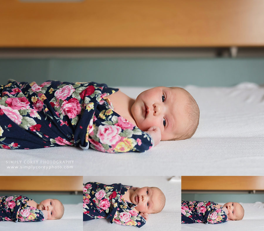 Carrollton Fresh 48 photographer, newborn with floral wrap in hospital room
