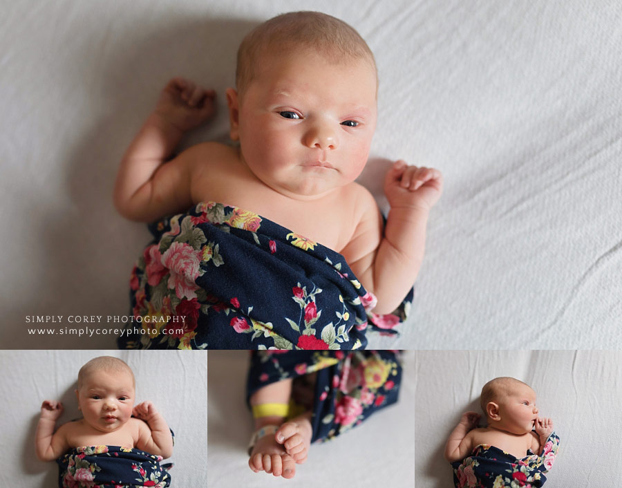Douglasville Fresh 48 photography, newborn in floral wrap in hospital room