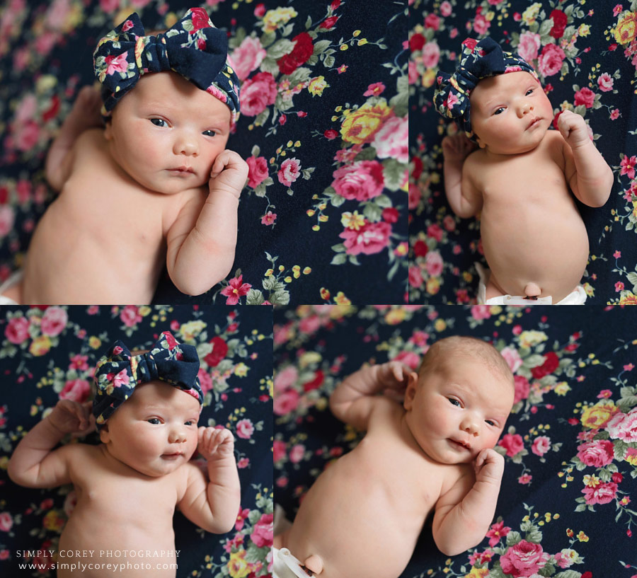 Fresh 48 photographer in Carrollton, Georgia; newborn with floral blanket and bow
