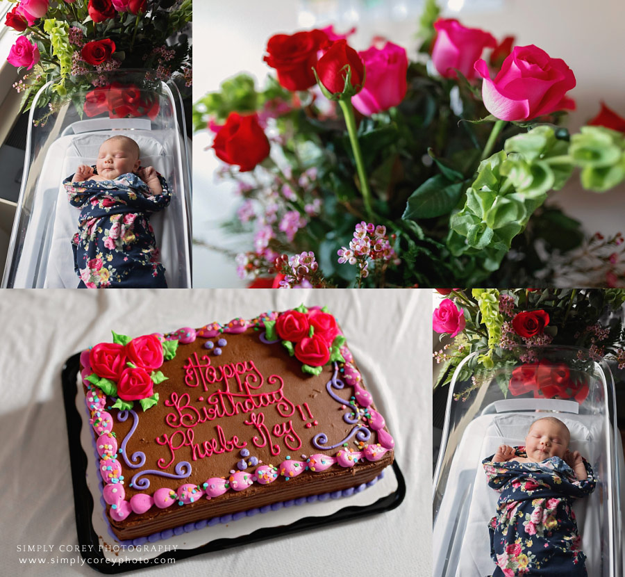 Newnan Fresh 48 photographer, newborn in floral wrap with roses and cake