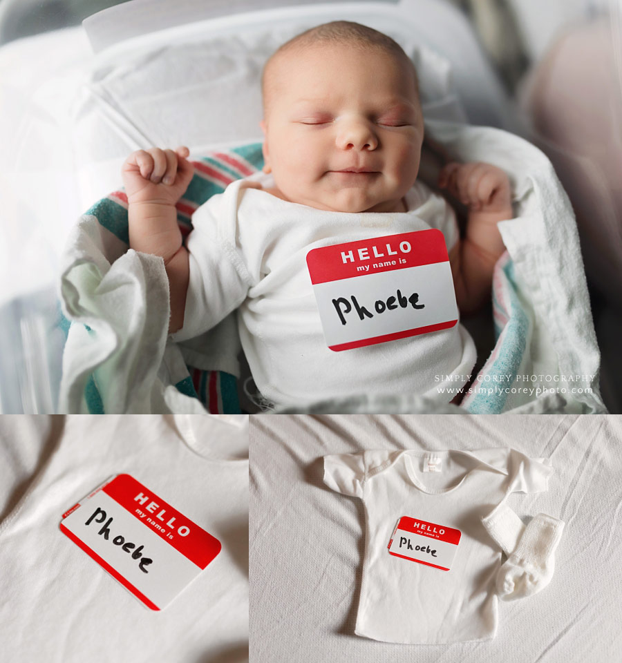 Newnan Fresh 48 photographer, newborn with red name tag