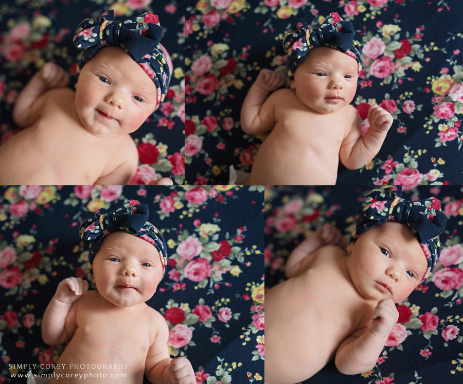 Peachtree City Fresh 48 photographer, newborn with floral wrap and bow in hospital