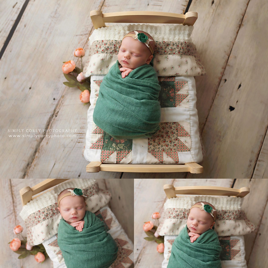 Newnan newborn photographer, baby girl in teal on country quilt bed