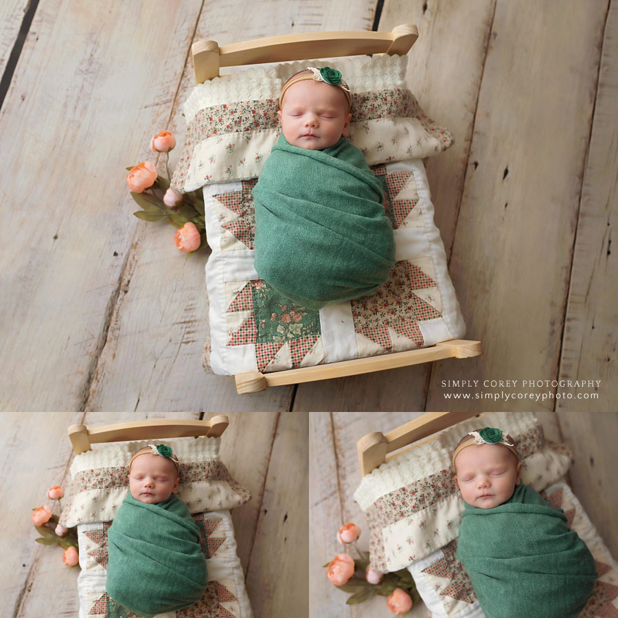 Villa Rica newborn photographer, baby in teal and peach on quilt and bed