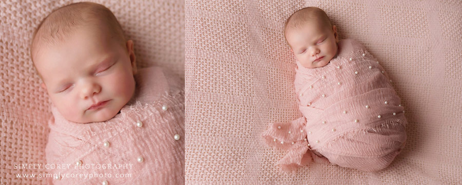 West Georgia newborn photographer, baby girl in pink pearl swaddle