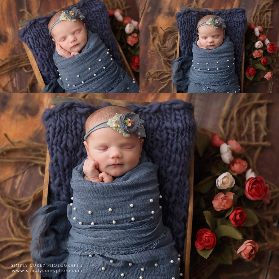 newborn photographer near Newnan, baby in blue set with roses