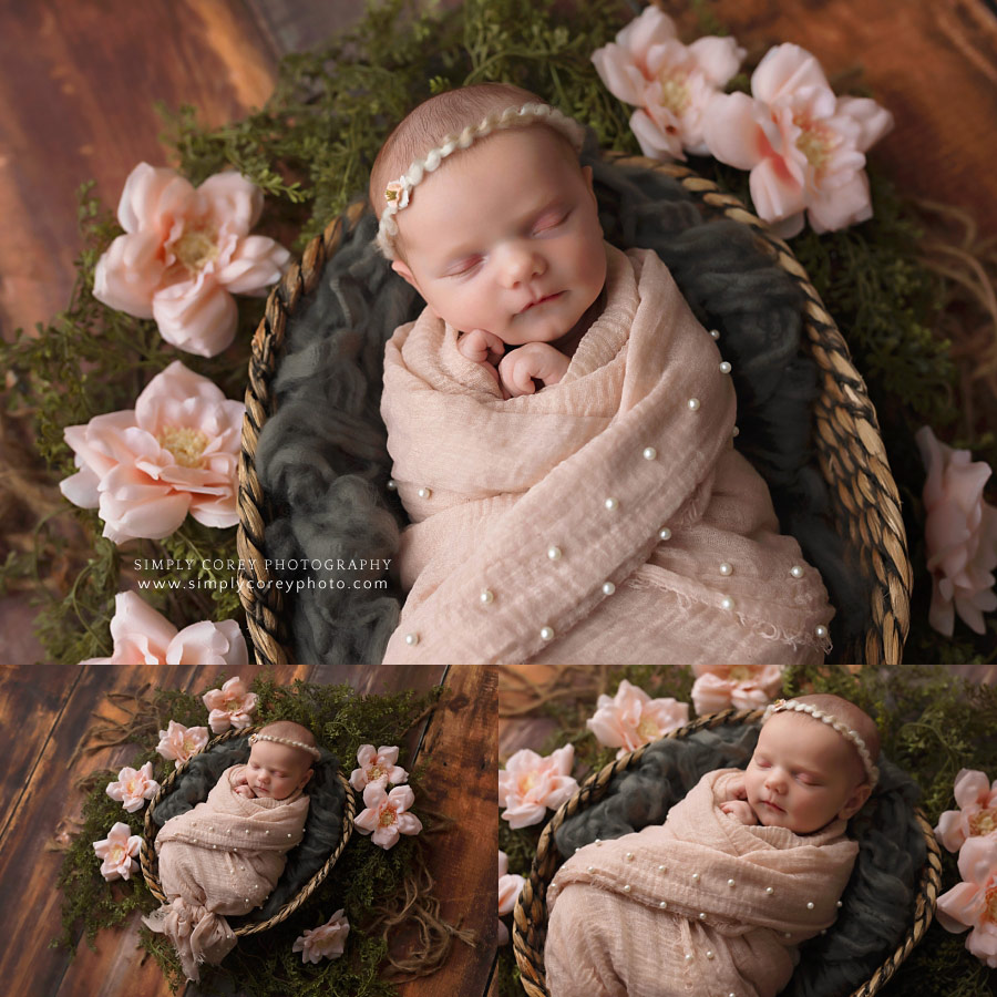newborn photographer near Newnan, baby girl swaddled with flowers