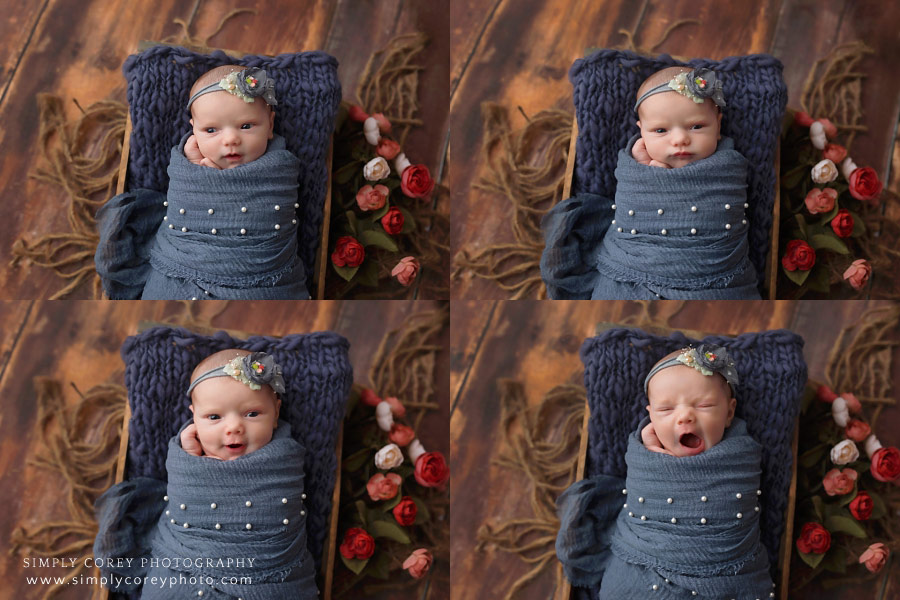 West Georgia newborn photographer, awake baby in blue with different expressions