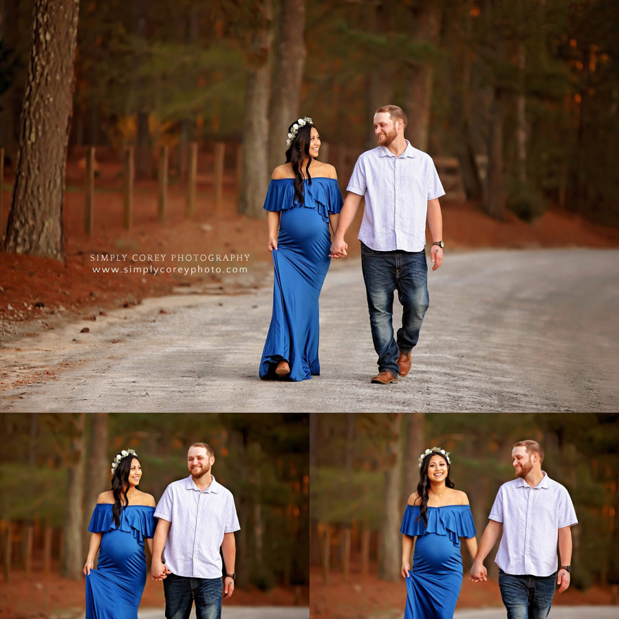 Carrollton maternity photographer, couple walking on Georgia country road