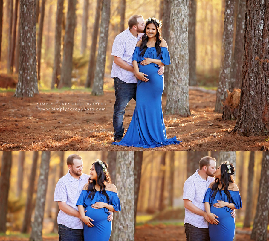 maternity photographer near Carrollton, Georgia; couple in blue outside