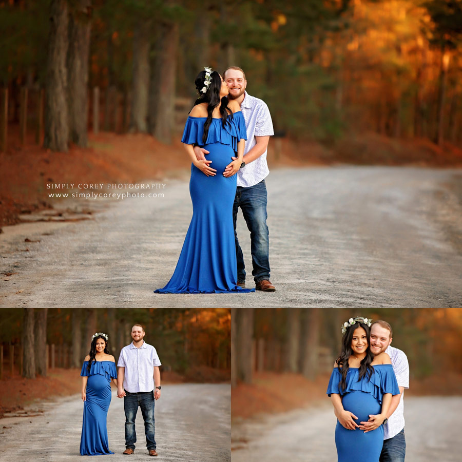 maternity photographer near Douglasville, couple in blue on country road