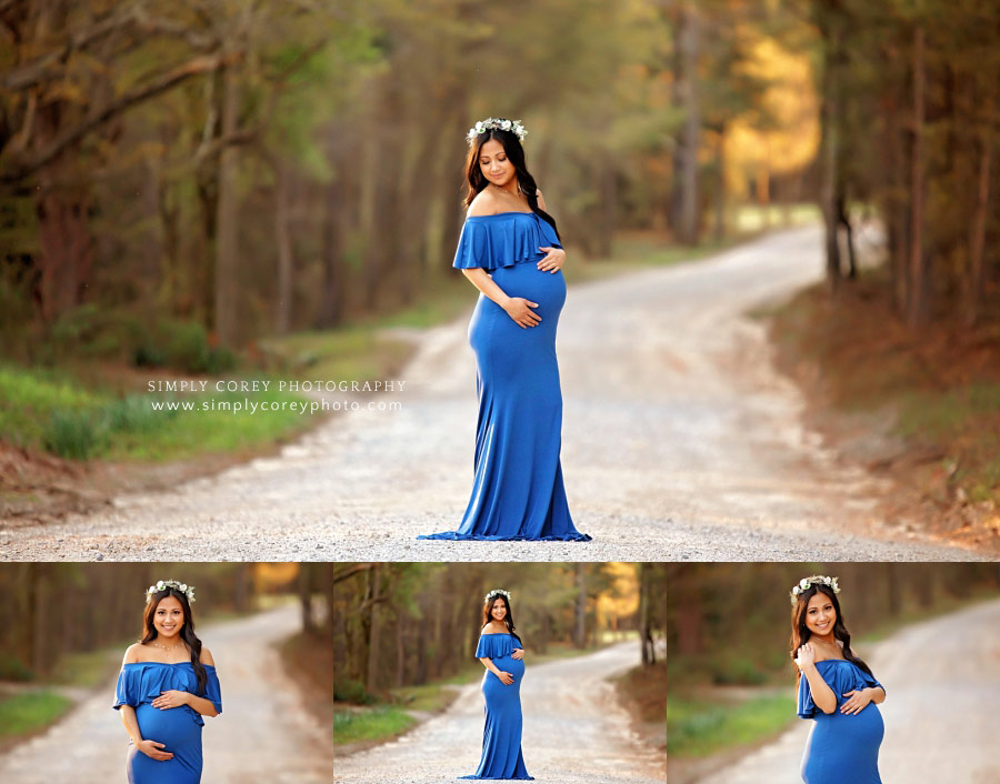 maternity photographer near Peachtree City, mom in blue on country road