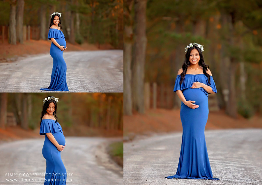 maternity photographer near Villa Rica, mom in blue on country road