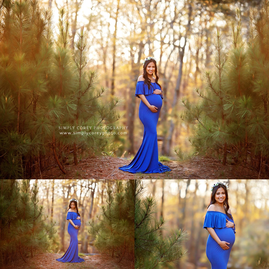 maternity photographer in West Georgia, pregnant mom in blue by pine trees