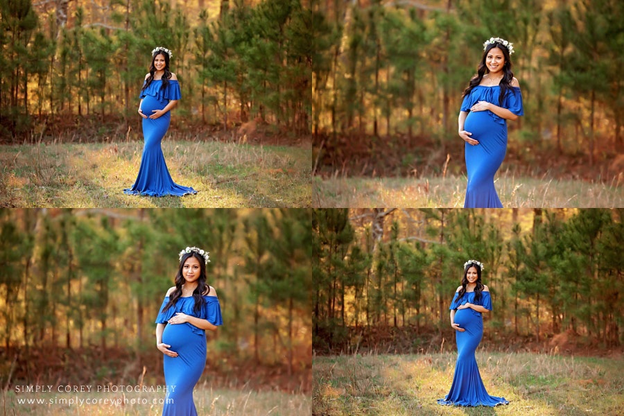 Newnan maternity photographer, mom in blue dress and flower crown by pines