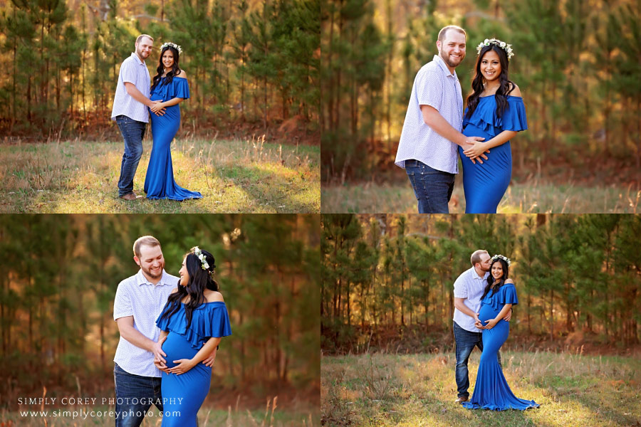 Peachtree City maternity photographer, couple portraits outside by pines