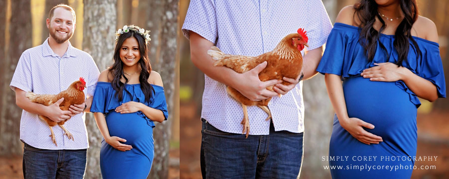 West Georgia maternity photographer, expecting couple with a chicken