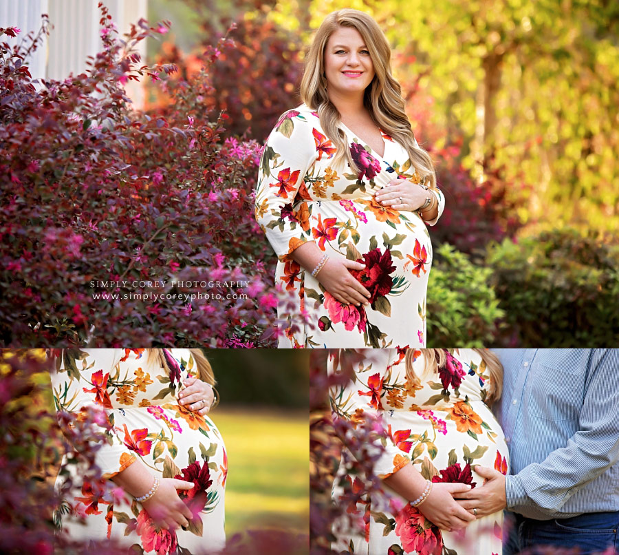 maternity photographer near Carrollton, Georgia; pregnant mom in floral dress in spring