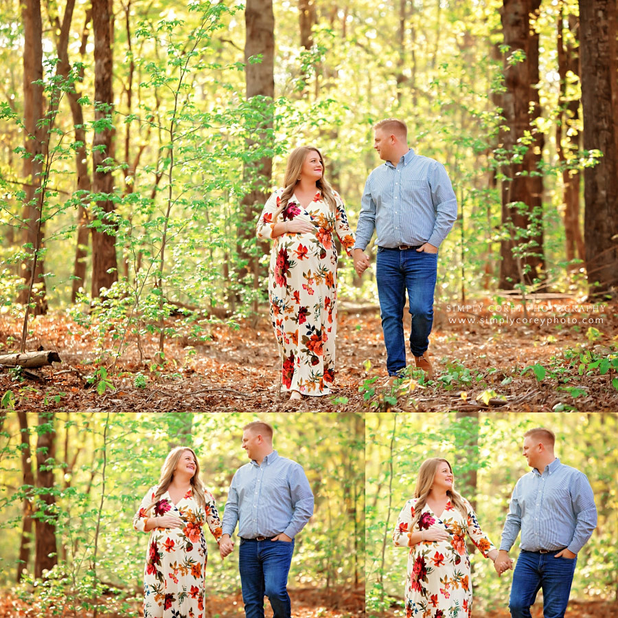 maternity photographer near Newnan, pregnant couple walking in woods