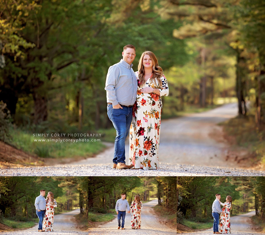 Newnan maternity photographer, couple expecting twins walking in country