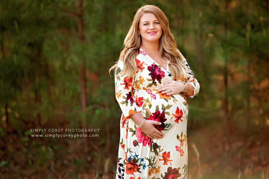 Newnan maternity photographer, pregnant mom with twins in floral dress