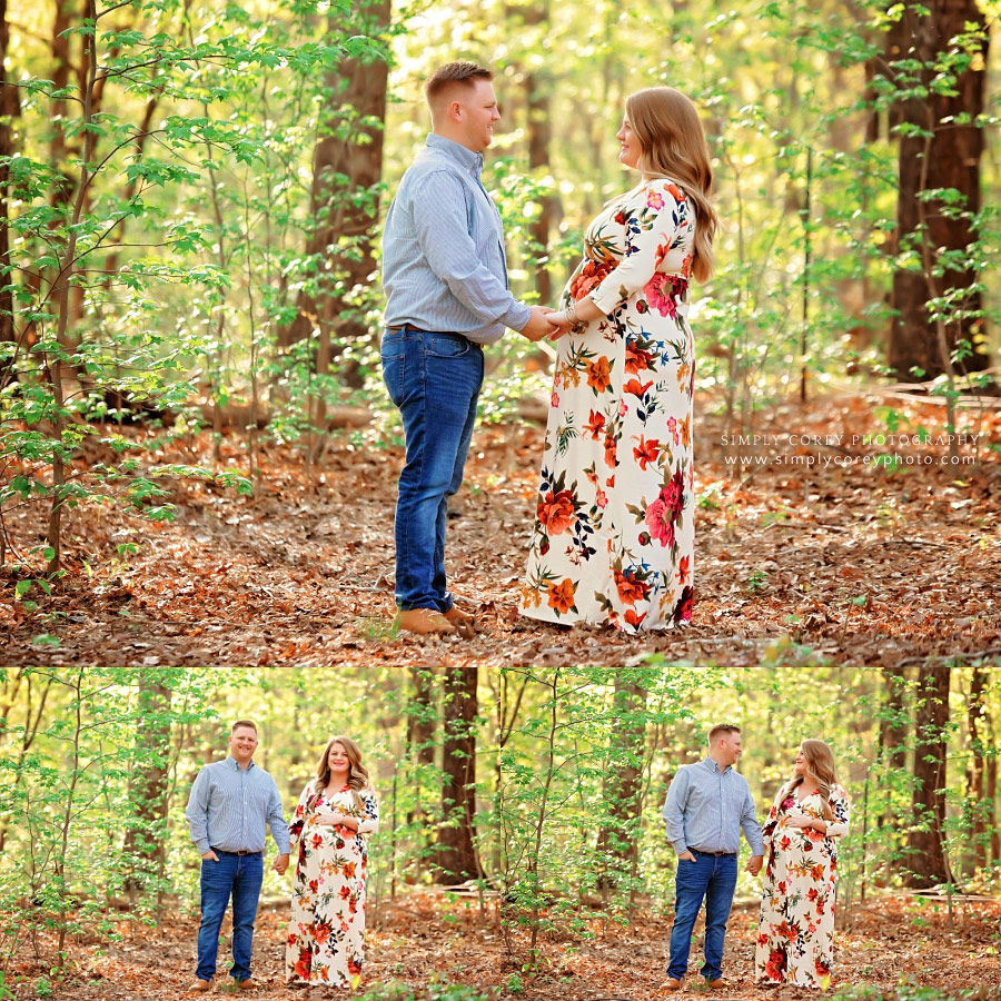Peachtree City maternity photographer, couple walking in the woods